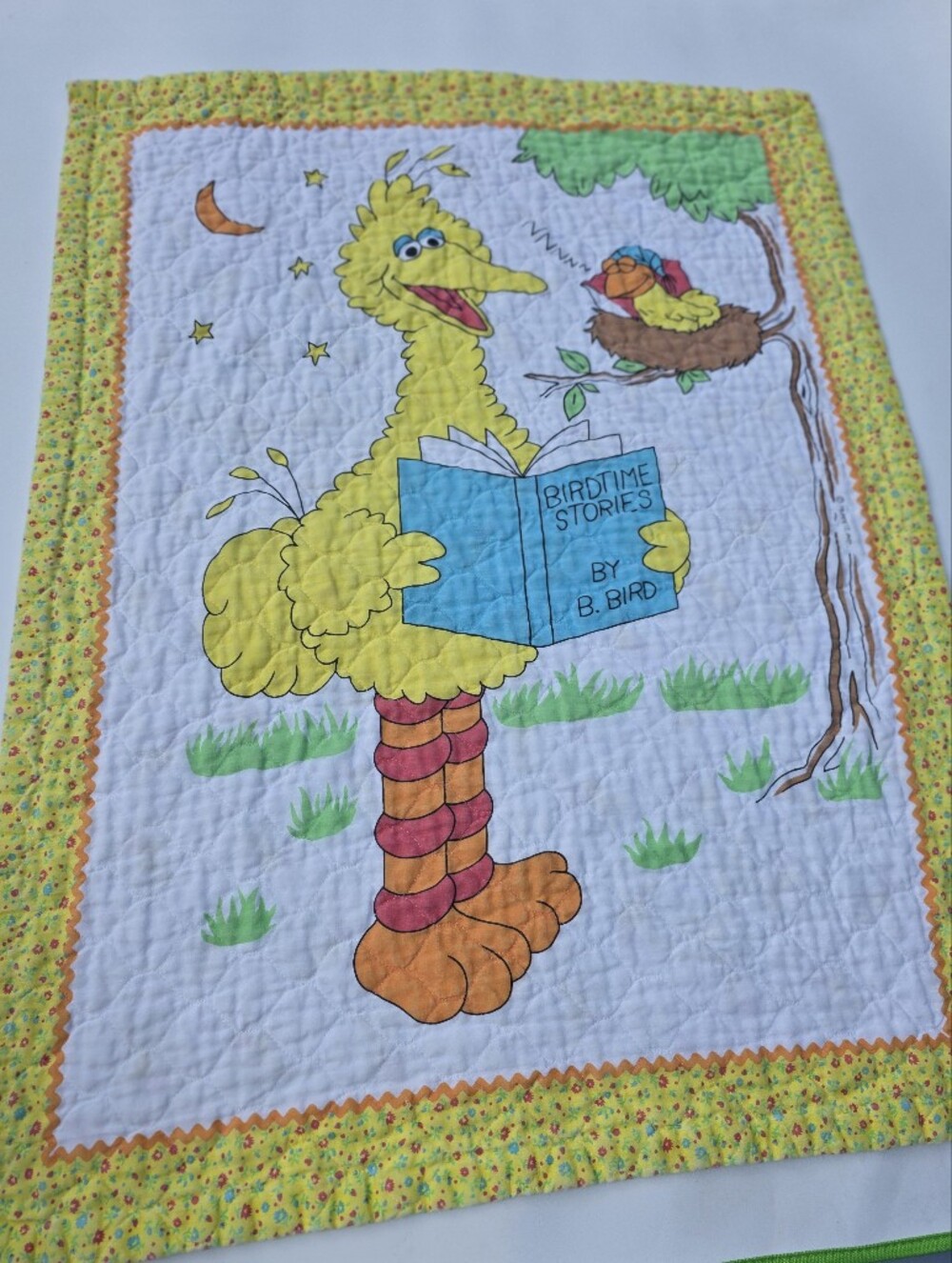 Vintage Handmade Sesame Street Baby Quilt Blanket Big Bird Reading Bedtime Story